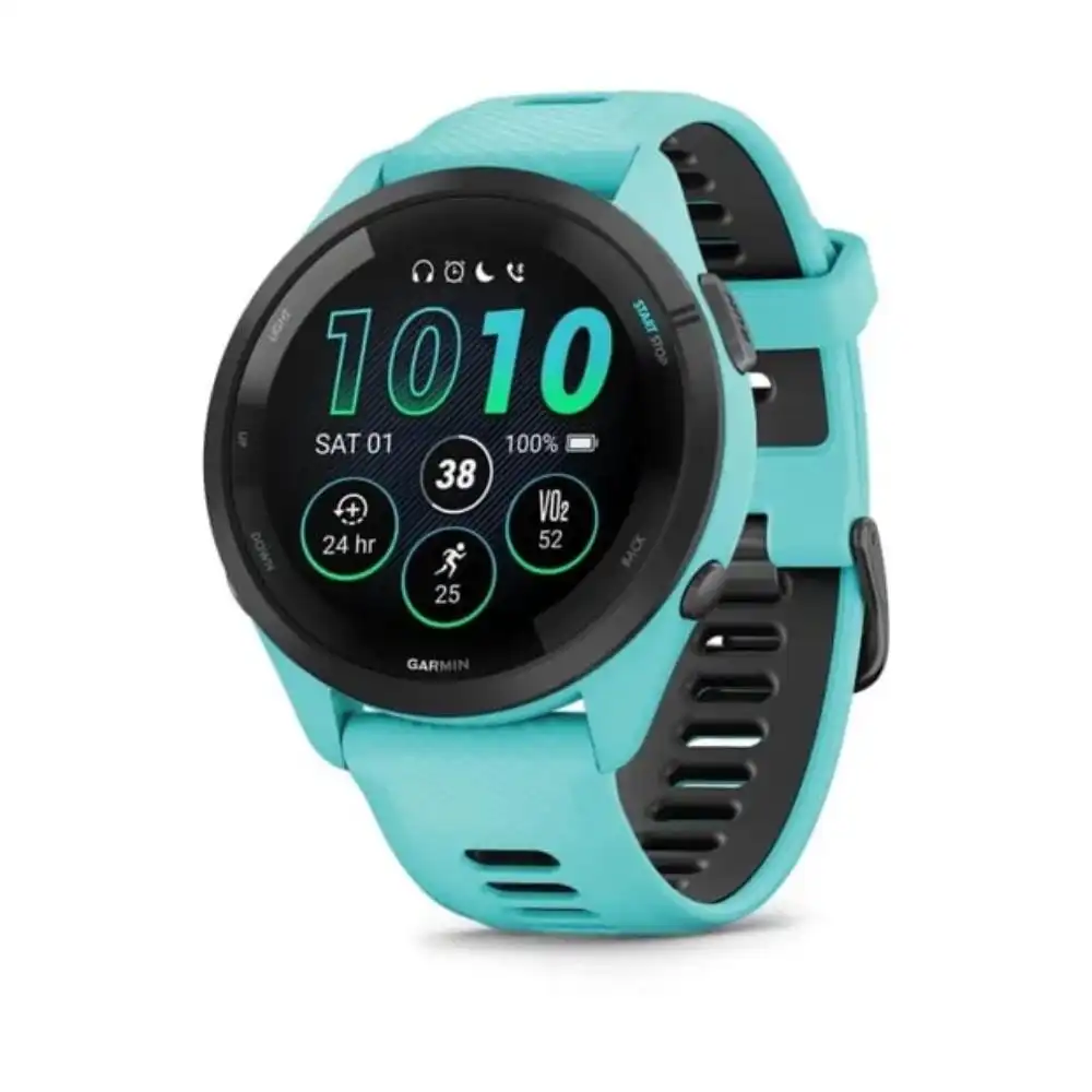Garmin Forerunner 265 GPS Running Smartwatch Black Bezel with Aqua Case and Aqua/Black Silicone Band - 010-02810-12
