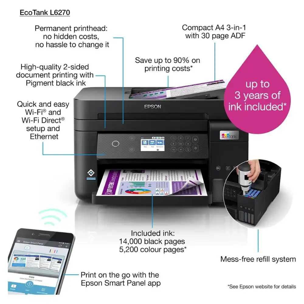 Epson Ecotank L6270 Office Ink Tank Printer A4 Colour 3-In-1 Printer - L6270